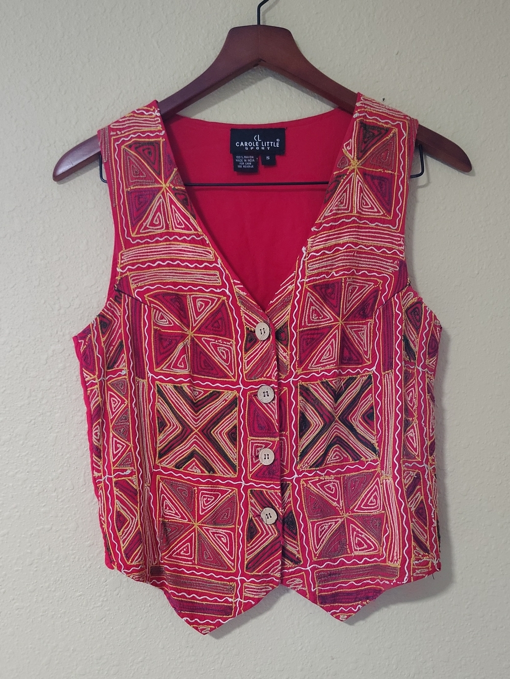 Vintage Carol Little Sports Embroidered Patchwork Jacket Vest Size S Western